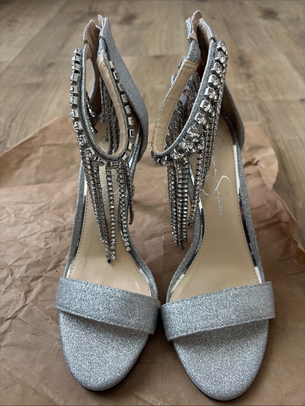 Jessica Simpson Silver Glitter Fringe Ankle-Strap Heels